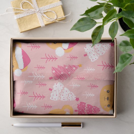 クリスマスツリーとテディがピンクのクリスマスを飾る 薄葉紙 (ギフト)