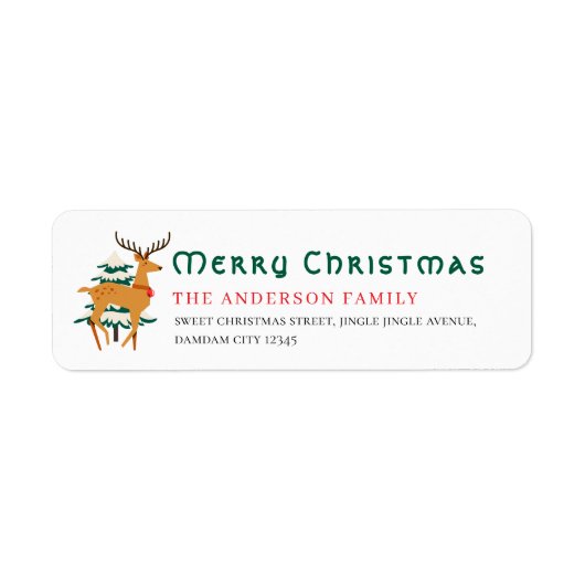 クリスマスツリーとトナカイのシンプルな差出人住所 ラベル (正面)