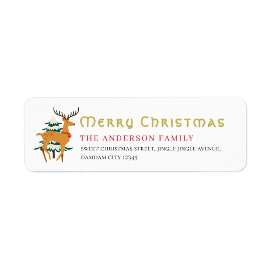 クリスマスツリーとトナカイのシンプルな差出人住所 ラベル (正面)