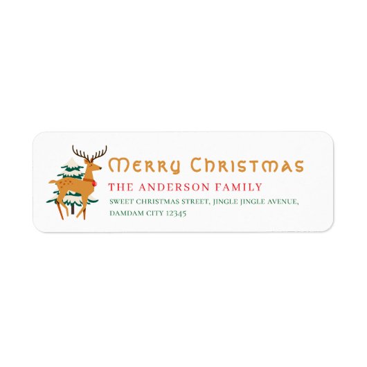 クリスマスツリーとトナカイのシンプルな差出人住所 ラベル (正面)