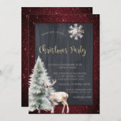 クリスマスツリーとトナカイの赤いグリッター背景 招待状 (正面/裏面)