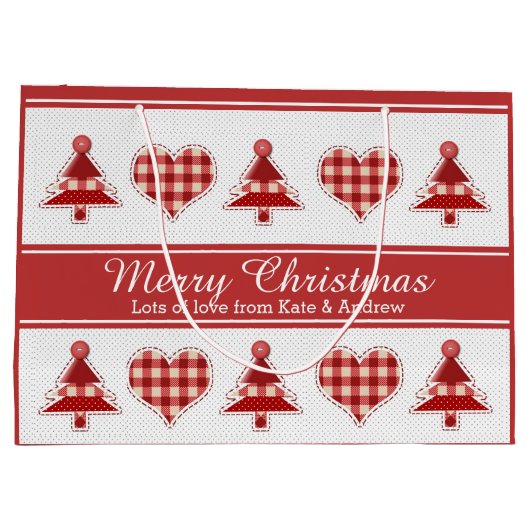 クリスマスツリーとハートを作パーソナライズされたる ラージペーパーバッグ (裏面)