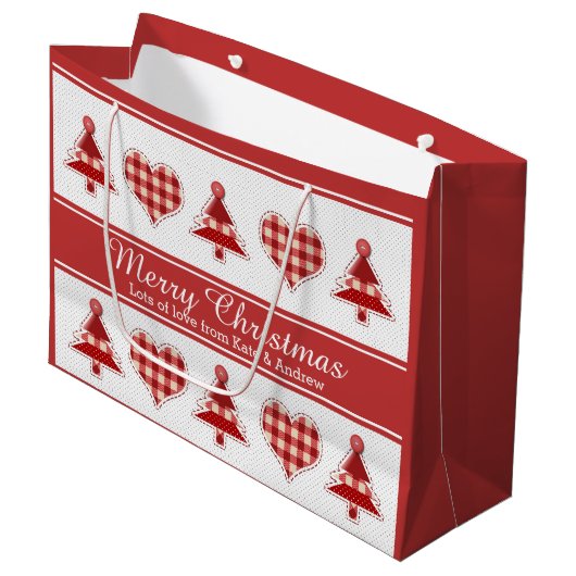 クリスマスツリーとハートを作パーソナライズされたる ラージペーパーバッグ (正面アングル)