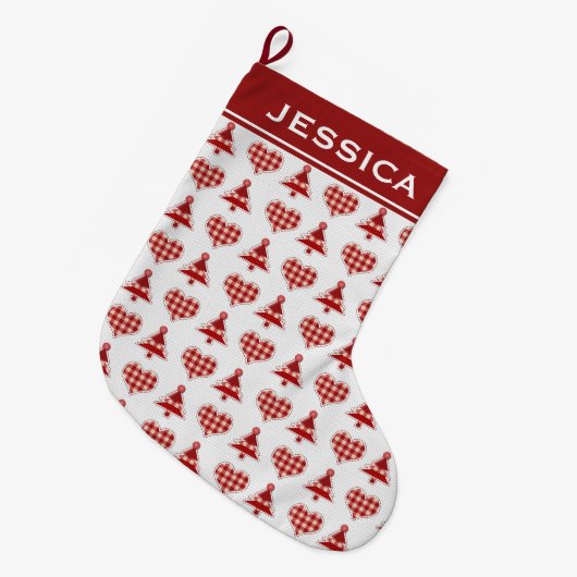 クリスマスツリーとハートを再生パーソナライズされた ラージクリスマスストッキング (正面 (吊り時))