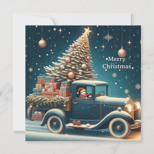 クリスマスツリーとビンテージカーのクリスマス シーズンカード (正面)