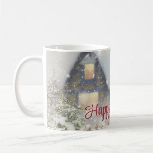 クリスマスツリーとフェンスを持つ家 コーヒーマグカップ (左)