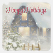 クリスマスツリーとフェンスを持つ家 スクエアシール (正面)