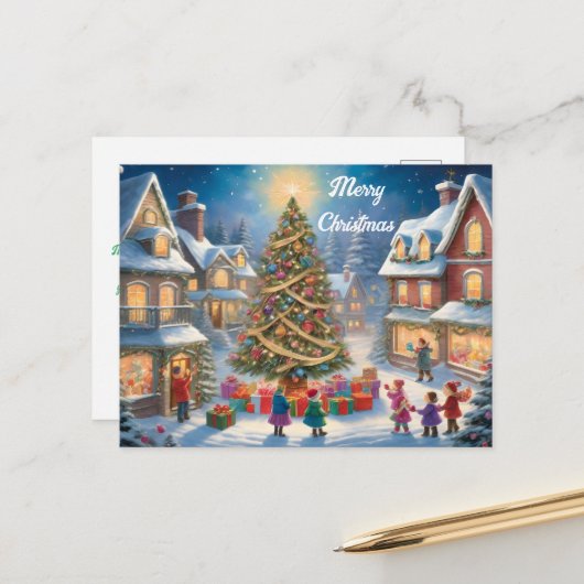クリスマスツリーとプレゼントと子供のフェスティバル ポストカード (正面/裏面インサイチュ)