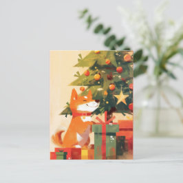 クリスマスツリーとプレゼントのそばで幸せそうな柴犬 シーズンポストカード