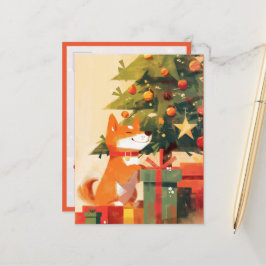 クリスマスツリーとプレゼントのそばで幸せな柴犬 ポストカード