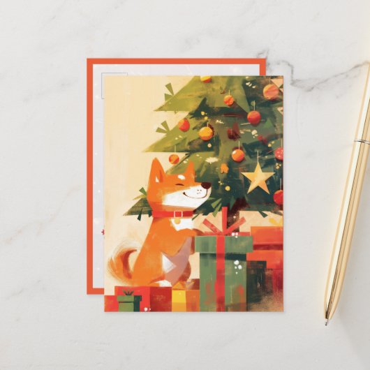 クリスマスツリーとプレゼントのそばで幸せな柴犬 ポストカード (正面/裏面インサイチュ)