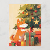 クリスマスツリーとプレゼントのそばで幸せな柴犬 ポストカード (正面)