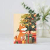 クリスマスツリーとプレゼントのそばで幸せな柴犬 ポストカード (スタンド正面)