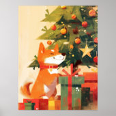クリスマスツリーとプレゼントのそばの幸せな柴犬 ポスター (正面)