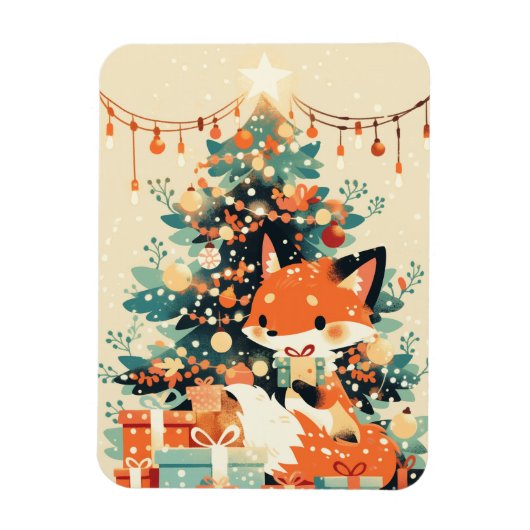 クリスマスツリーとプレゼントのそばの狐 マグネット (縦)