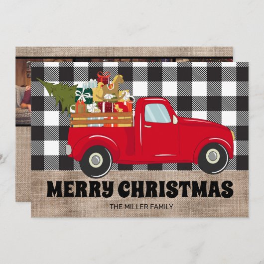 クリスマスツリーとプレゼントのトラックの写真 シーズンカード (正面/裏面)