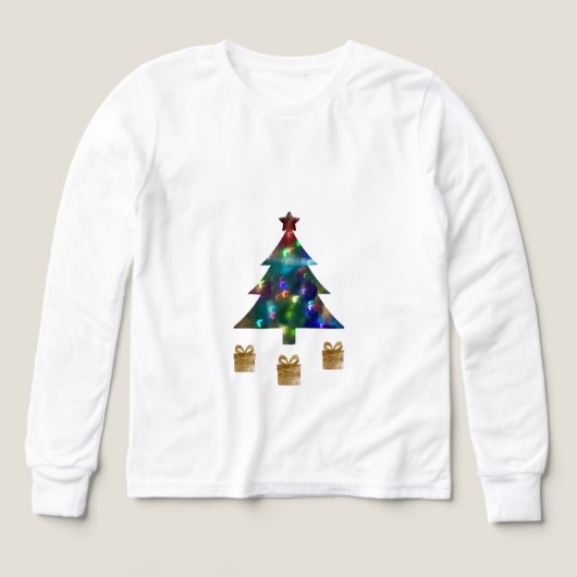 クリスマスツリーとプレゼントの子供用長袖シャツ (デザイン正面)