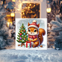 クリスマスツリーとプレゼントを持つリスのイラスト