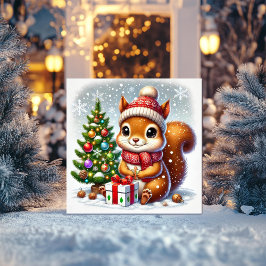 クリスマスツリーとプレゼントを持つリスのイラスト シーズンカード