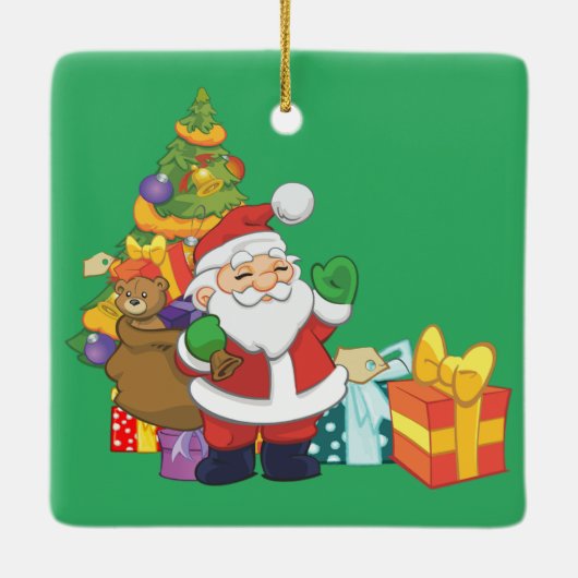 クリスマスツリーとプレゼント付き漫画サンタ セラミックオーナメント (裏面)