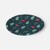 クリスマスツリーとホリモダンーパターンダークブルー ペーパープレート (アングル)