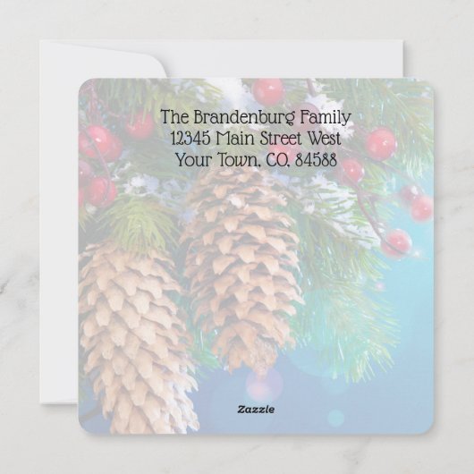 クリスマスツリーとホリーのカスタマイズ可能な家族写真 シーズンカード (裏面)