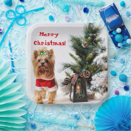 クリスマスツリーとメリークリスマスサンタヨークシャーテリア ペーパープレート (パーティー)