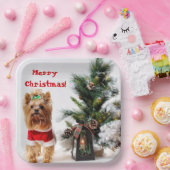 クリスマスツリーとメリークリスマスサンタヨークシャーテリア ペーパープレート (パーティー)