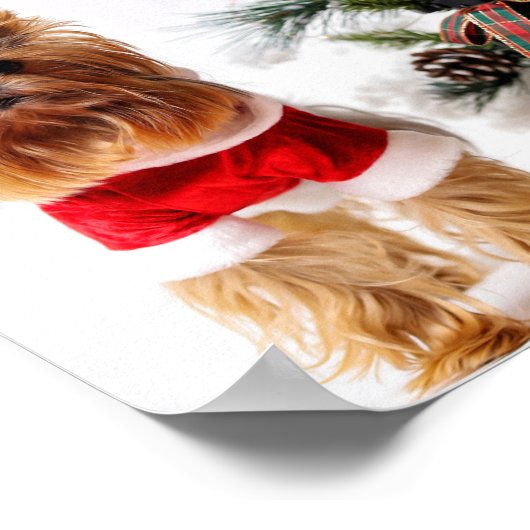 クリスマスツリーとメリークリスマスサンタヨークシャーテリア ポスター (角)