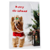 クリスマスツリーとメリークリスマスサンタヨークシャーテリア ミディアムペーパーバッグ (正面)