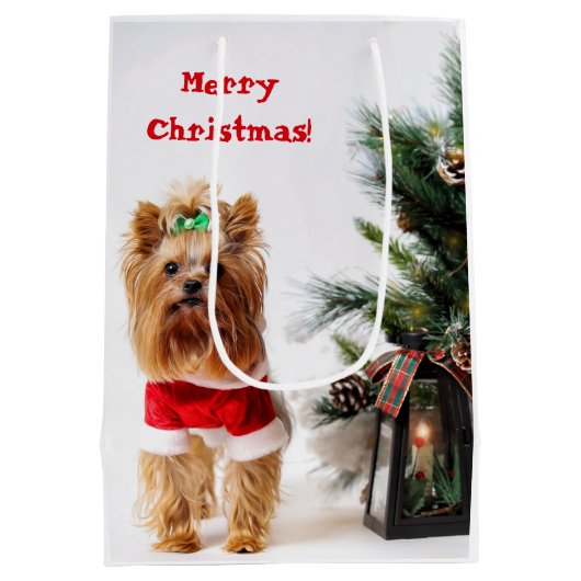 クリスマスツリーとメリークリスマスサンタヨークシャーテリア ミディアムペーパーバッグ (裏面)