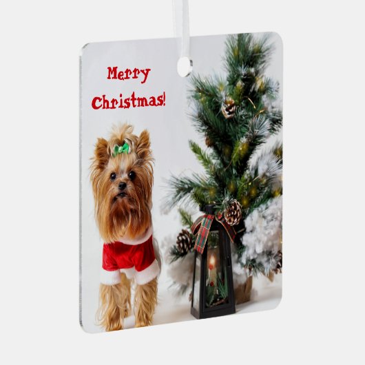クリスマスツリーとメリークリスマスサンタヨークシャーテリア メタルオーナメント (正面右)
