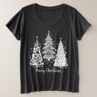 クリスマスツリーとメリークリスマスレタリング プラスサイズTシャツ