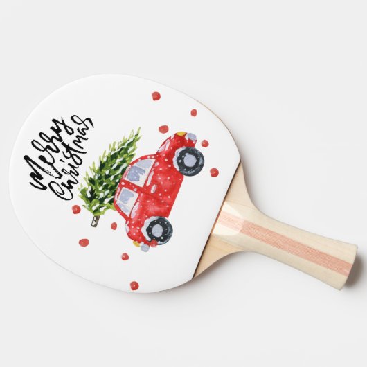 クリスマスツリーとメリークリスマスレッドカー 卓球ラケット (横)