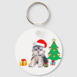 クリスマスツリーとヨークシャテリアの子犬とプレゼント キーホルダー