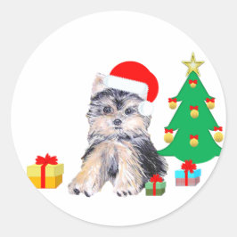 クリスマスツリーとヨークシャテリアの子犬とプレゼント ラウンドシール