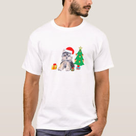 クリスマスツリーとヨークシャテリアの子犬とプレゼント Tシャツ
