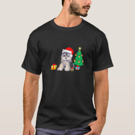 クリスマスツリーとヨークシャテリアの子犬とプレゼント Tシャツ