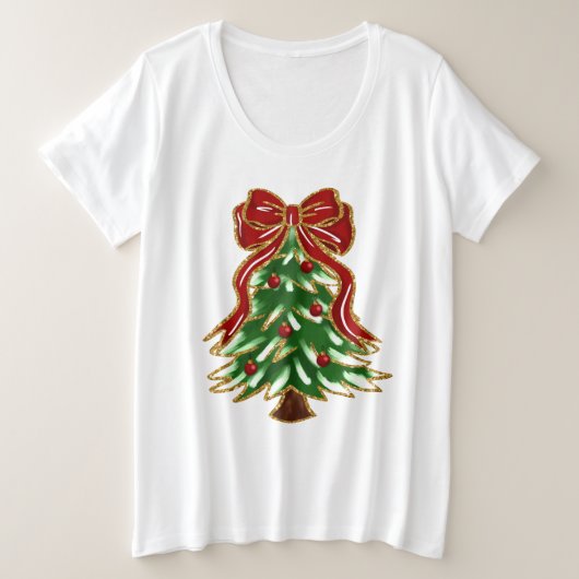 クリスマスツリーとリボンのTシャツ プラスサイズTシャツ (デザイン正面)