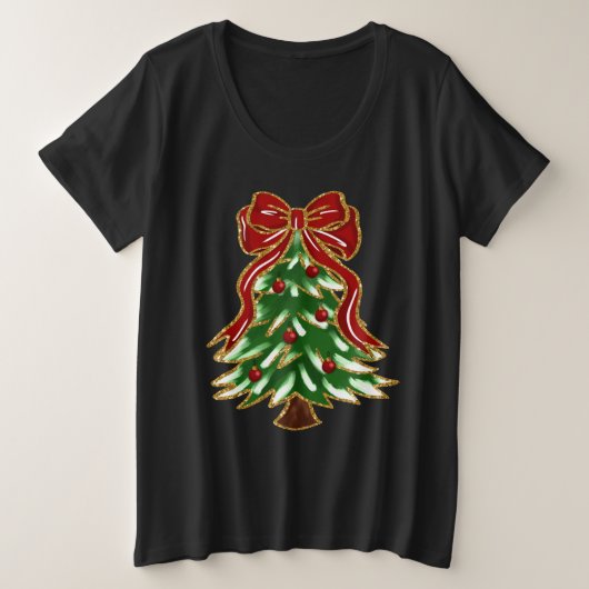 クリスマスツリーとリボンのTシャツ プラスサイズTシャツ (デザイン正面)