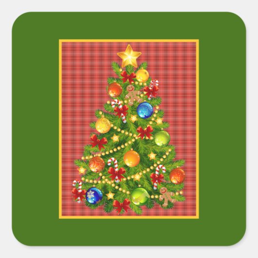 クリスマスツリーとレッドプレイド スクエアシール (正面)