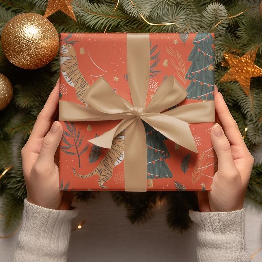 クリスマスツリーとヴィンテージクリスマスタイガー ラッピングペーパー