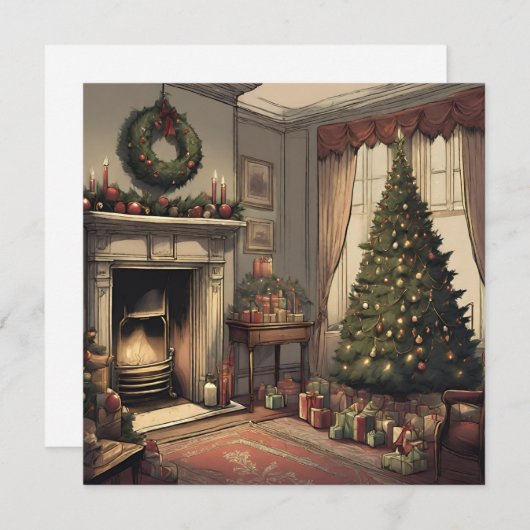 クリスマスツリーとヴィンテージクリスマスリビングルーム シーズンカード (正面/裏面)