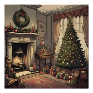 クリスマスツリーとヴィンテージクリスマスリビングルーム ポスター