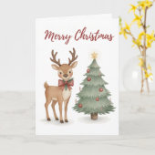 クリスマスツリーと一緒にいるサンタクロースのトナカイたちよ、メリークリスマス カード (黄色い花)