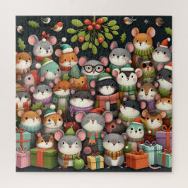 クリスマスツリーと可愛いカラフルなミストルテートとマウス ジグソーパズル