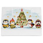 クリスマスツリーと可愛いペンギン ラージペーパーバッグ (正面)