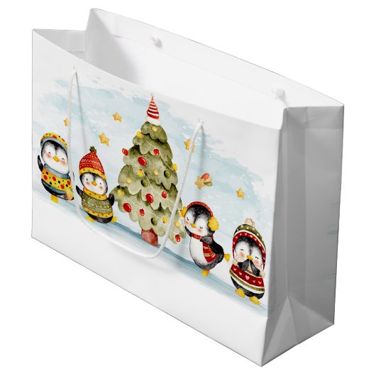 クリスマスツリーと可愛いペンギン ラージペーパーバッグ (正面アングル)
