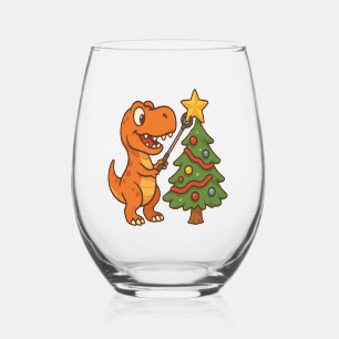 クリスマスツリーと可愛い恐竜 ステムなしワイングラス