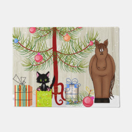 クリスマスツリーと可愛い茶色の馬と子猫 ドアマット